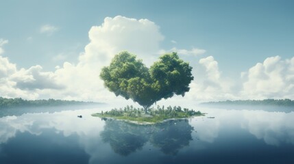 A fantastical island suspended in the sky, featuring a heart-shaped lake, fluffy clouds, and lush green trees, brought to life through innovative Generative AI techniques.