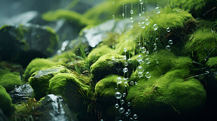 Water Drops Falling on Moss-Covered Rocks