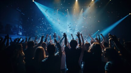 A group of enthusiastic people cheering at a lively event with vibrant stage lights, confetti, and blue atmosphere.