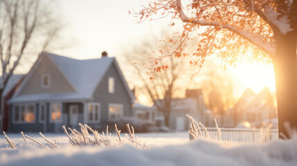 Beautiful winter landscape with snow-covered field and houses at sunset - Powered by Adobe