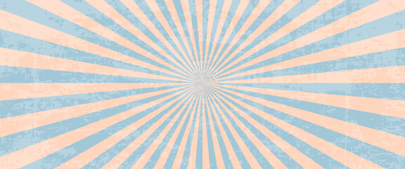 Vintage grunge shabby retro horizontal poster Peach fuzz trend color 2024 and blue background with diverging beams.