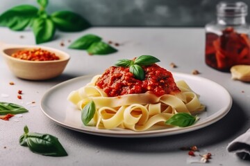 Pasta Tagliatelle Bolognese with meat tomato sauce and fresh basil leaves on white plate. Light gray table. Selective focus. generative ai.