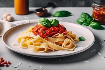 Pasta Tagliatelle Bolognese with meat tomato sauce and fresh basil leaves on white plate. Light gray table. Selective focus. generative ai.