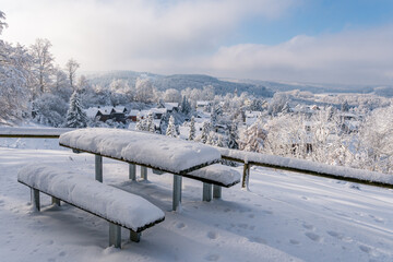 Snowy and beautiful winter landscape in Alttann in Upper Swabia