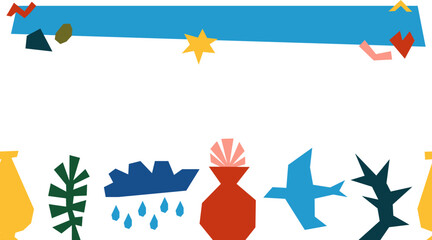 Seamless horizontal banner with geometric colorful elements. Trendy collage style abstract nature forms. Plant, vase, cloud, pot, flower, leaf, bird. Poster with a blanc place for your text.