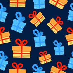 seamless pattern with gift boxes on blue background .