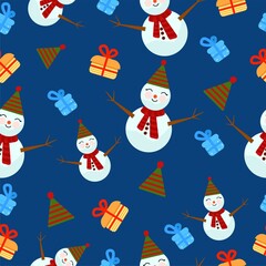 Christmas seamless pattern with snowman and gifts .