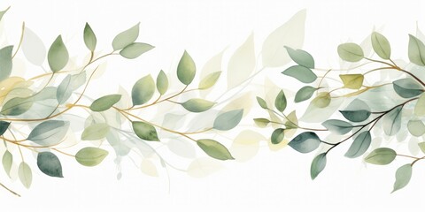 Watercolor seamless border. illustration with green gold leaves and branches for wedding stationary, greetings, wallpapers, fashion, backgrounds, textures, DIY, wrappers, Generative AI  - obrazy, fototapety, plakaty