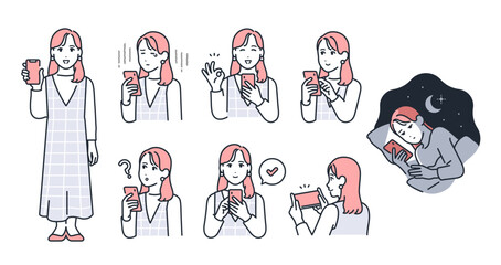 スマートフォンを持つ若い女性の表情バリエーションセット