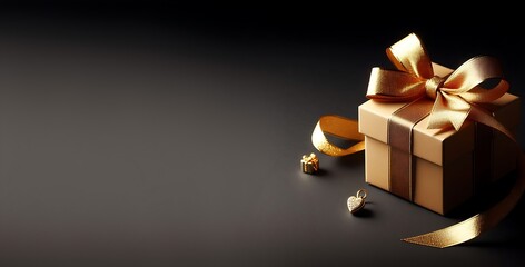 Golden gift boxes with golden ribbon, Christmas gift boxes on black isolated backgrounds with copy space for messages and greetings