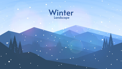Obraz premium Winter landscape, vector illustration. Snowy background. Snowdrift. Design for banner, invitation, wallpaper. Flat style landscape. 