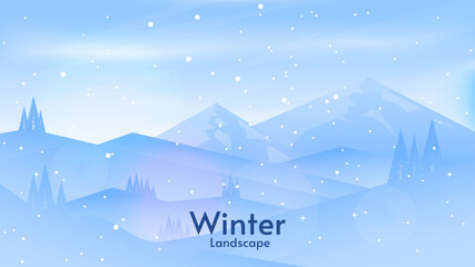 Fototapeta na wymiar Vector illustration. Snowfall. Clear blue sky. Flat winter landscape. Snowy background. Snowdrift. Design for banner, invitation, wallpaper. 