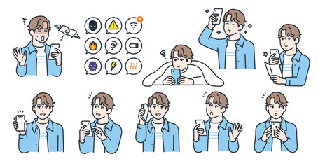 スマートフォンを持つ若い男性の表情バリエーションセット
