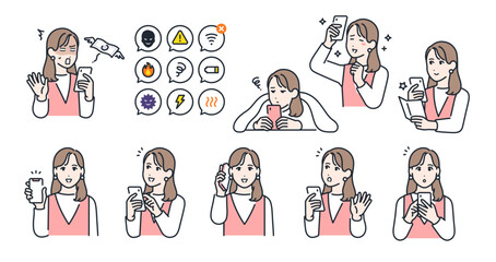 Naklejka premium スマートフォンを持つ若い女性の表情バリエーションセット