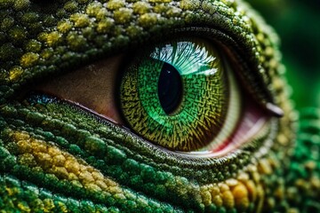 Close-Up of a Green Lizard's Eye - obrazy, fototapety, plakaty