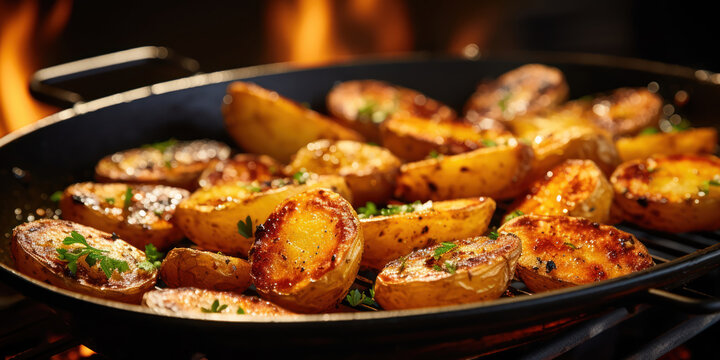 Hot, roasted potatoes emit steam, ready to be served from the barbecue