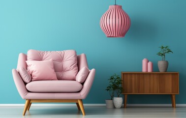 Inviting and Comfortable Living Room with Light Blue Wall and Pink Accents