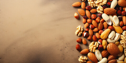 Mix of peanuts and almonds scattered on a warm, beige surface - obrazy, fototapety, plakaty