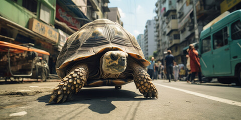 Amid the rush of a busy street, a tortoise moves slowly against a backdrop of deep city blue - obrazy, fototapety, plakaty