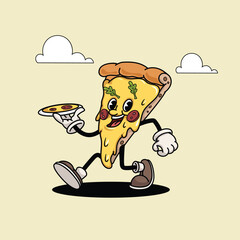 Pizza Slice Funny Cartoon Retro Pizza Character walking. Best for Pizzeria designs. Vector illustration.