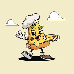 Pizza Slice Funny Cartoon Retro Pizza Character as Pizza Chef. Best for Pizzeria designs. Vector illustration.