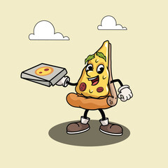 Pizza slice funny cartoon retro Pizza Character with delivery box. Best for Pizzeria designs. Vector illustration.