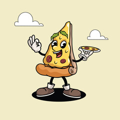 Pizza Slice Funny Cartoon Retro Pizza Character. Best for Pizzeria designs. Vector illustration.