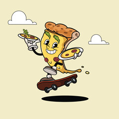 Pizza slice funny cartoon retro Pizza Character is delivering Pizza with skateboard. Best for Pizzeria designs. Vector illustration.
