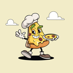 Pizza Slice Funny Cartoon Retro Pizza Character as Pizza Chef. Best for Pizzeria designs. Vector illustration.