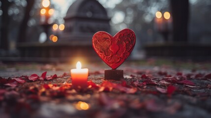 A solemn tribute - red heart-shaped candle illuminating a grave on All Saints Day in a cemetery during autumn. - obrazy, fototapety, plakaty
