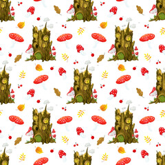 seamless pattern of small forest houses on a white background