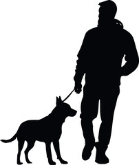 man and dog walking together Silhouette vector illustration. Perfect for pet-related designs, projects. man, dog, simple, modern, minimal. Ideal for web, print, advertising, marketing, branding