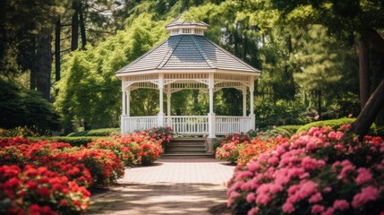 Obraz premium A stunning gazebo nestled amidst lush greenery and blossoming flowers, ideal for garden lovers or outdoor weddings.