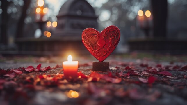 A solemn tribute - red heart-shaped candle illuminating a grave on All Saints Day in a cemetery during autumn.