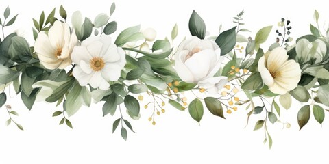 Watercolor seamless border. illustration with green gold leaves, white flowers, rose, peony and branches for wedding stationary, greetings, wallpapers, fashion, backgrounds, wrappers, Generative AI 