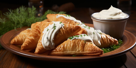Crispy turnovers paired with creamy sauce on a rustic table setting
