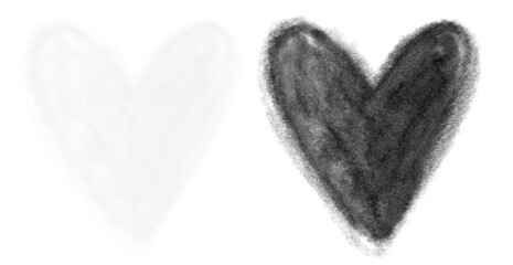 Crayon-Drawing Like White and Black Heart. No Background. Hand Drawn Heart of Irregular Shape. Simple Graphic with Abstract Love Symbol. Grunge Brush Drawing of Heart ideal for Card, Design Element.