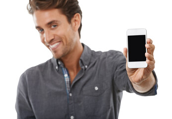 Business man, portrait and phone screen for advertising space, presentation or mobile newsletter in studio on white background. Happy worker, smartphone mockup or review sales information coming soon