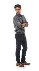 Naklejka premium Man, arms crossed and studio portrait with fashion, trendy style and shirt with confidence by white background. Person, guy or model with cool denim jeans, edgy clothes and pride from Argentina