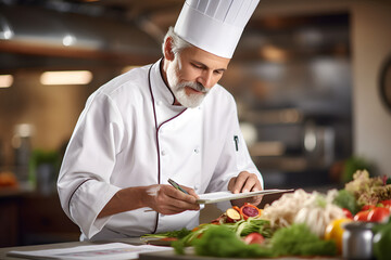 An experienced chef stands in his kitchen and goes through a list of food ingredients to prepare menus.