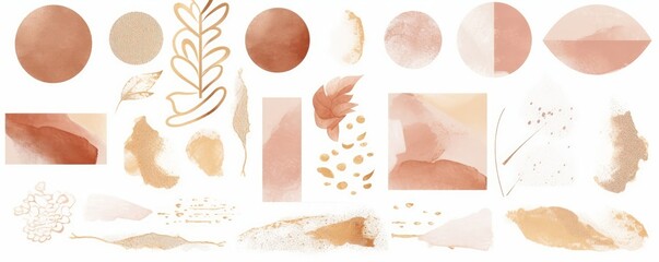 Abstract Arrangements. Elements, textures. Posters. Terracotta, blush, pink, ivory, beige watercolor Illustration and gold elements, on white background. Modern print set. Wall art, Generative AI 