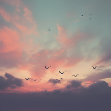 Silhouettes of birds flying against a pastel sky