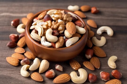 Healthy mix nuts on wooden background. Almonds, hazelnuts, cashews, peanuts, brazilian nuts. generative ai.