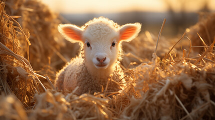 funny little lamb in straw
