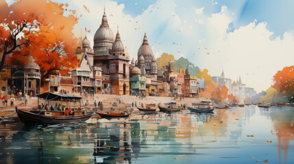 watercolor painting of city - obrazy, fototapety, plakaty