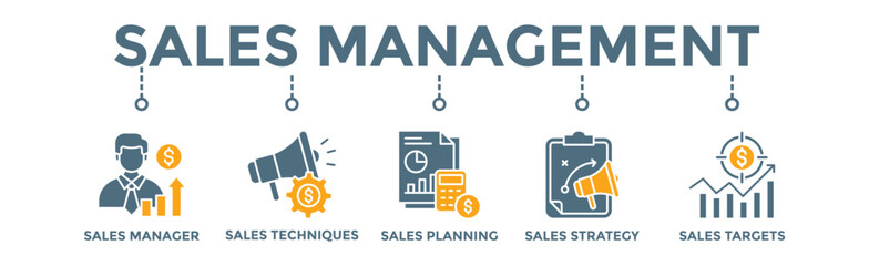 Sales management banner web icon vector illustration concept with icon of manager, sales techniques, planning, strategy, and targets