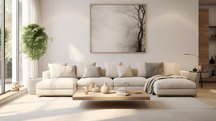 A coastal cozy living room with soft white sofa and pillow. Living room home interior design with white wall - obrazy, fototapety, plakaty