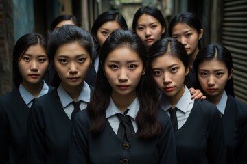 asian schoolgirls in uniforms standing up together - obrazy, fototapety, plakaty