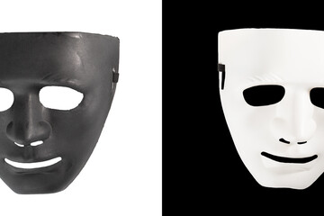 Mask in monochrome, festival costume, actor on stage, theatrical celebration