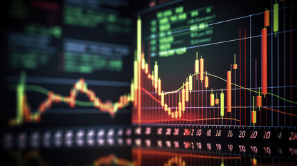 Close-up of a financial trading screen displaying market data with various colored candlestick charts, numerical values, and trend lines indicating stock performance.